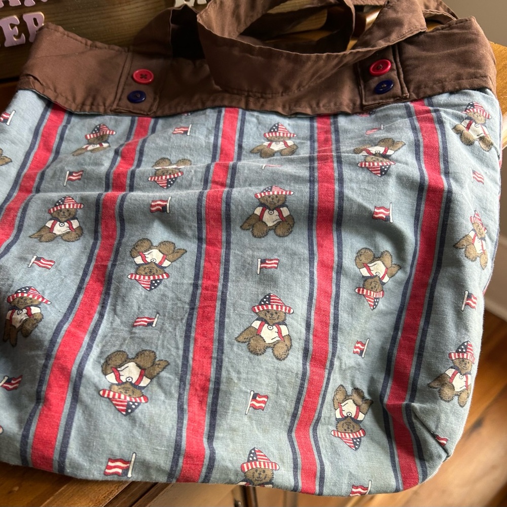VTG Blue & Red Teddy Bear Print Tote Bag